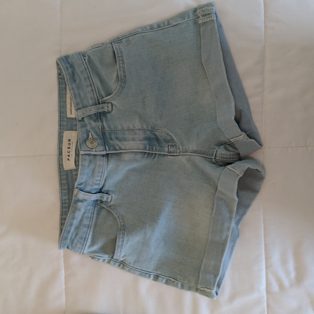 PACSUN soft light wash stretch denim shorts.